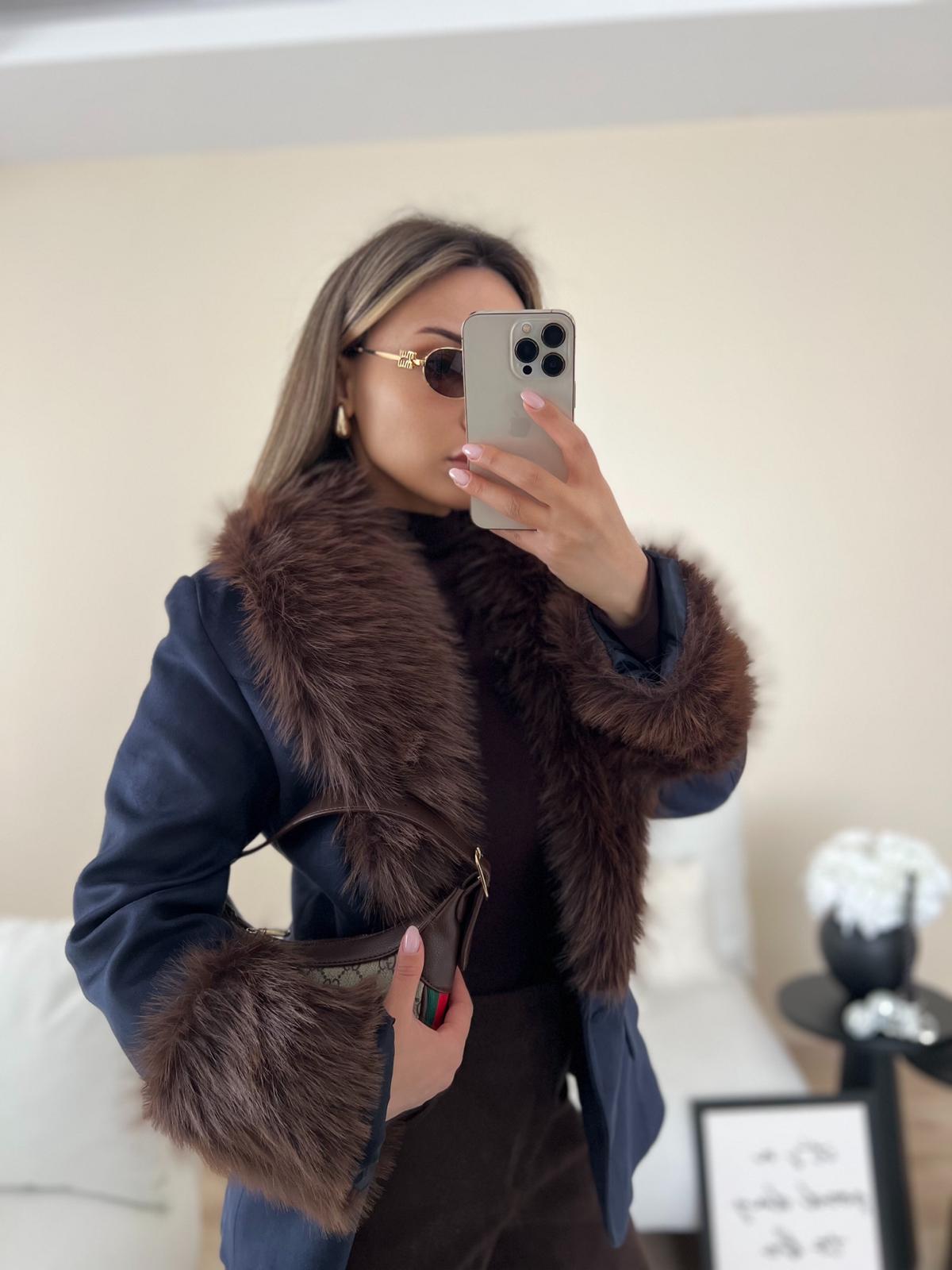 Kürk Detaylı Süet Ceket-Lacivert thumbnail 2