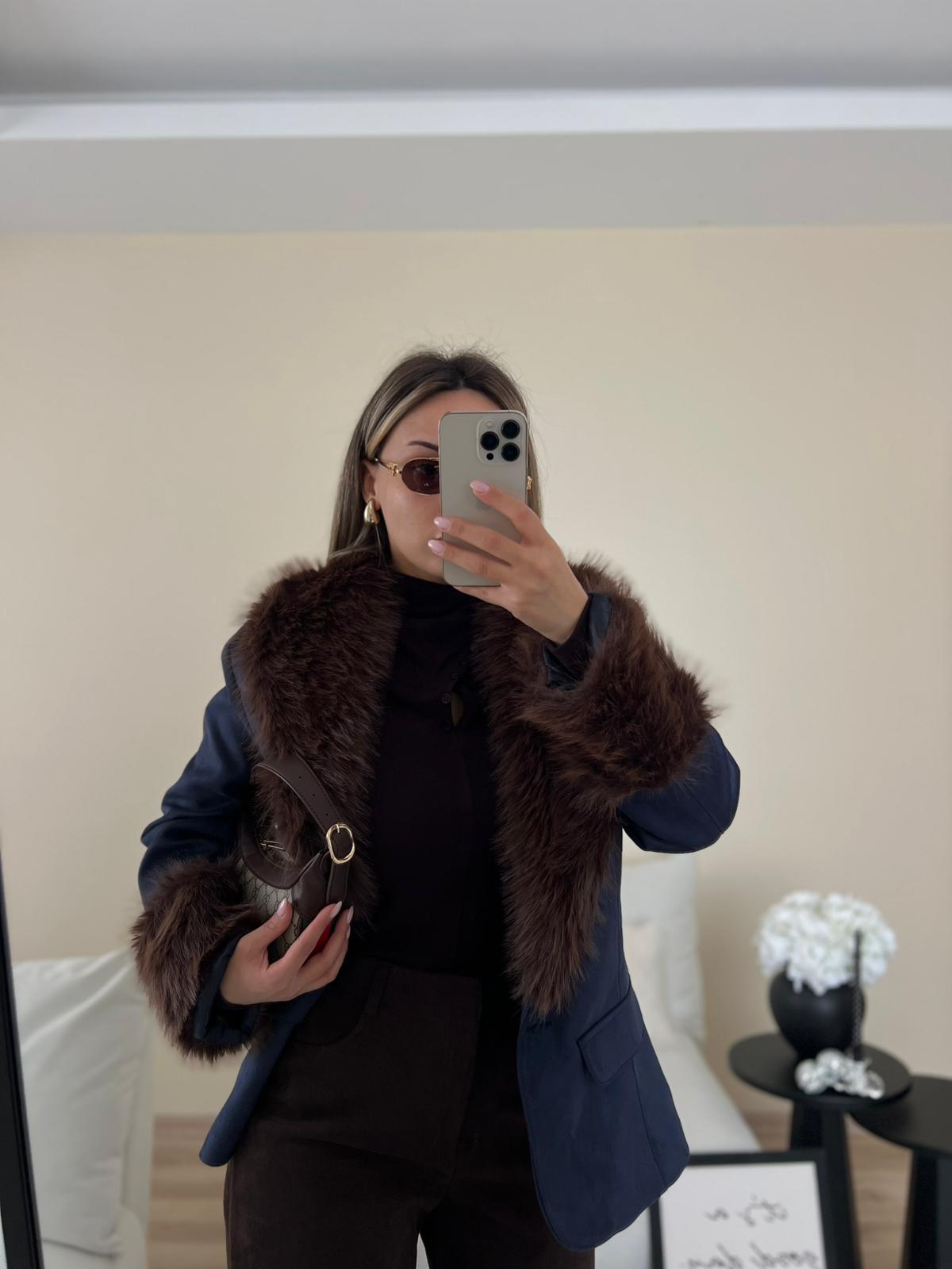 Kürk Detaylı Süet Ceket-Lacivert thumbnail 3