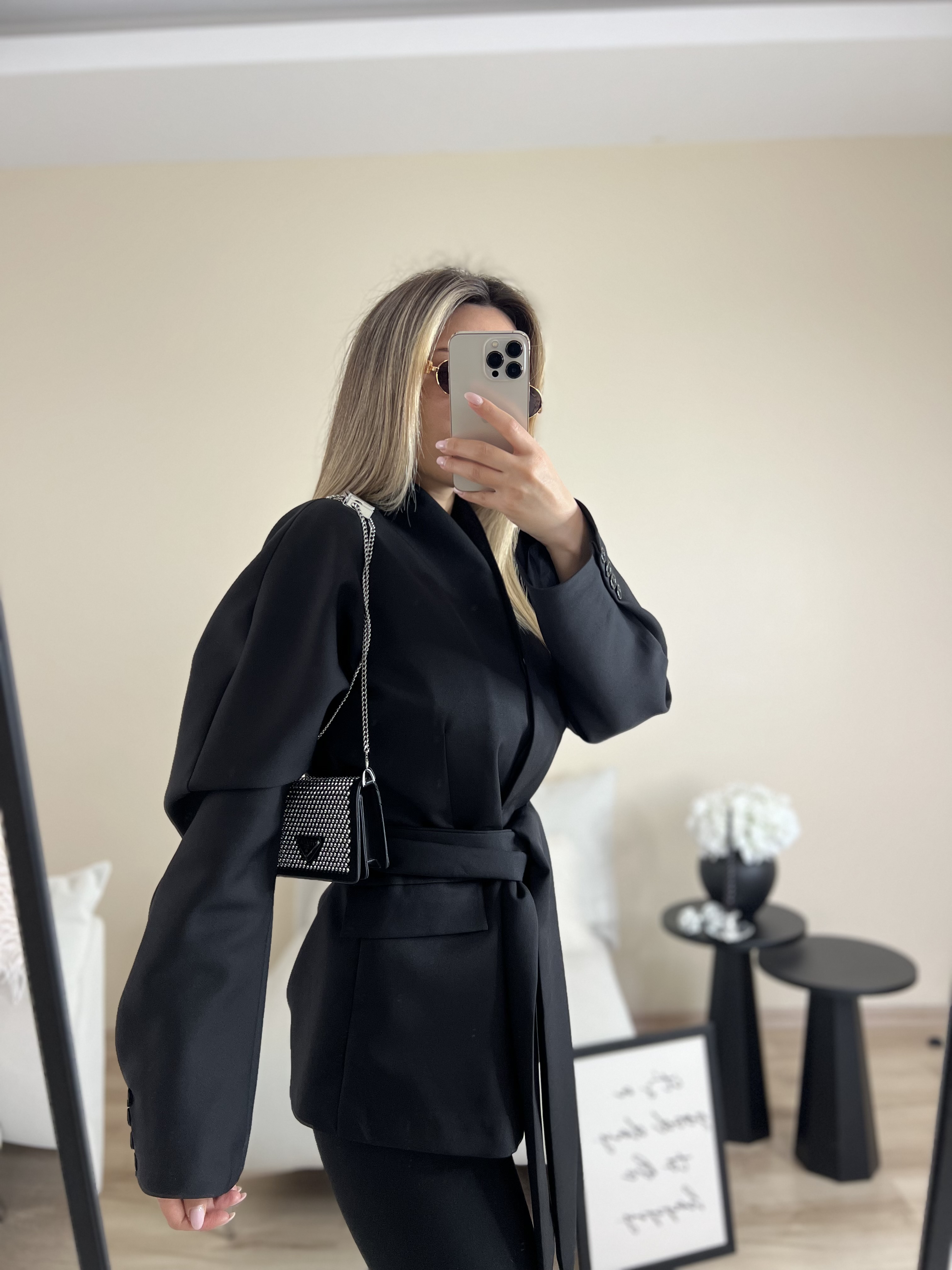 Siyah kuşaklı blazer ceket thumbnail 3