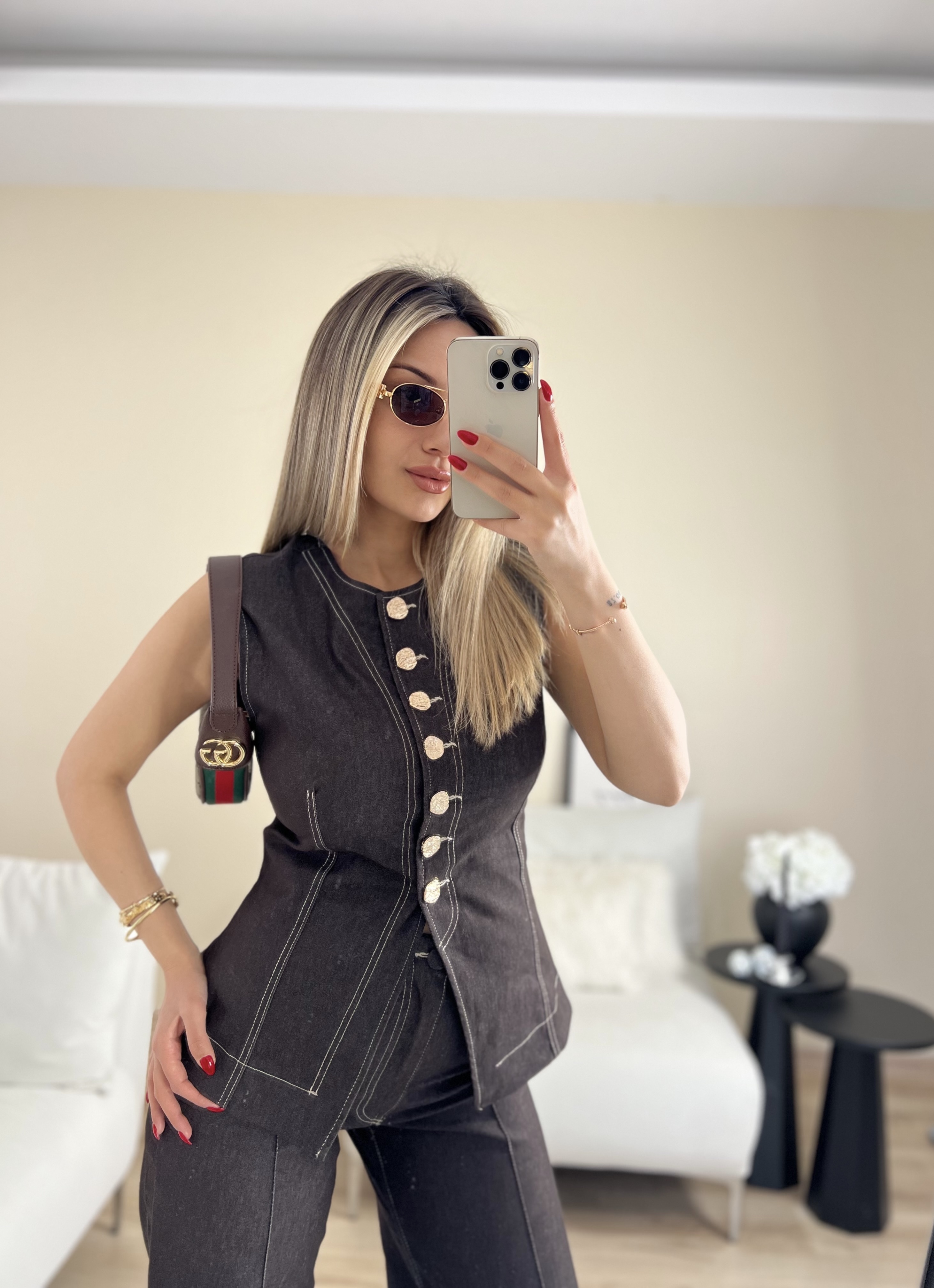 Denim kahverengi gold düğme detaylı yelek - Kahverengi