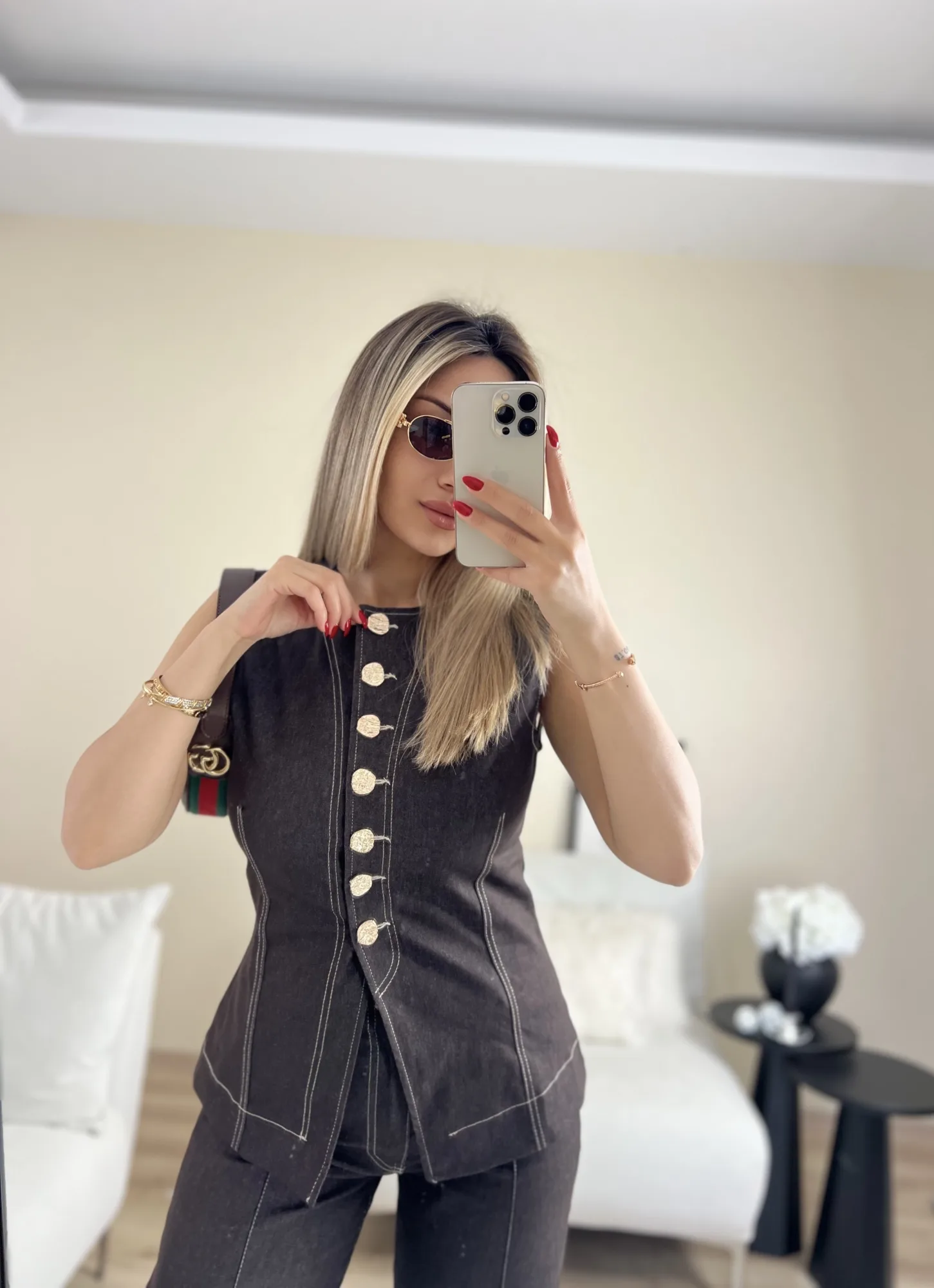 Denim kahverengi gold düğme detaylı yelek 2