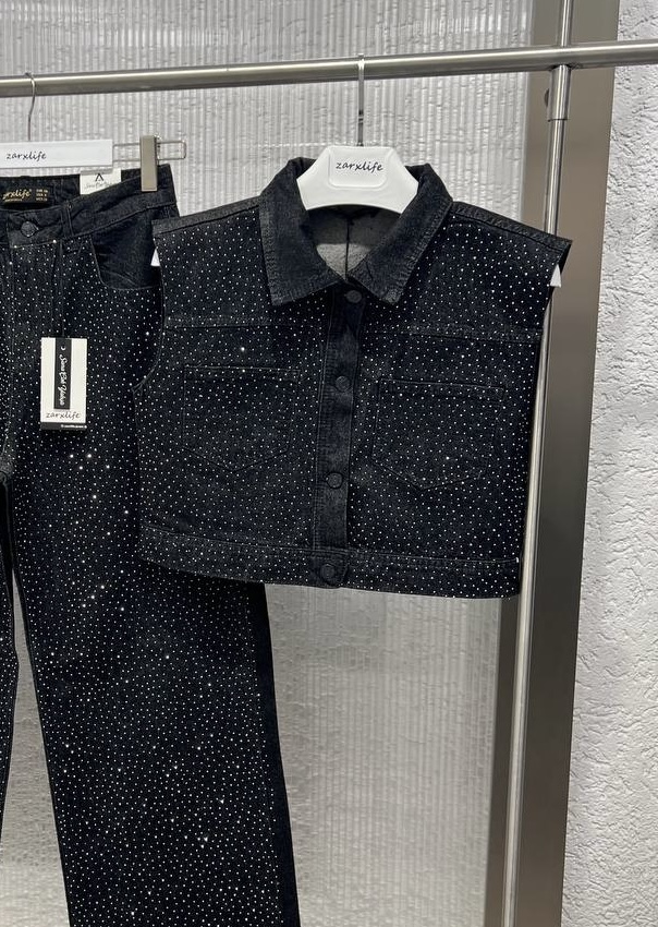 Full parlak taşlı kot yelek - Siyah