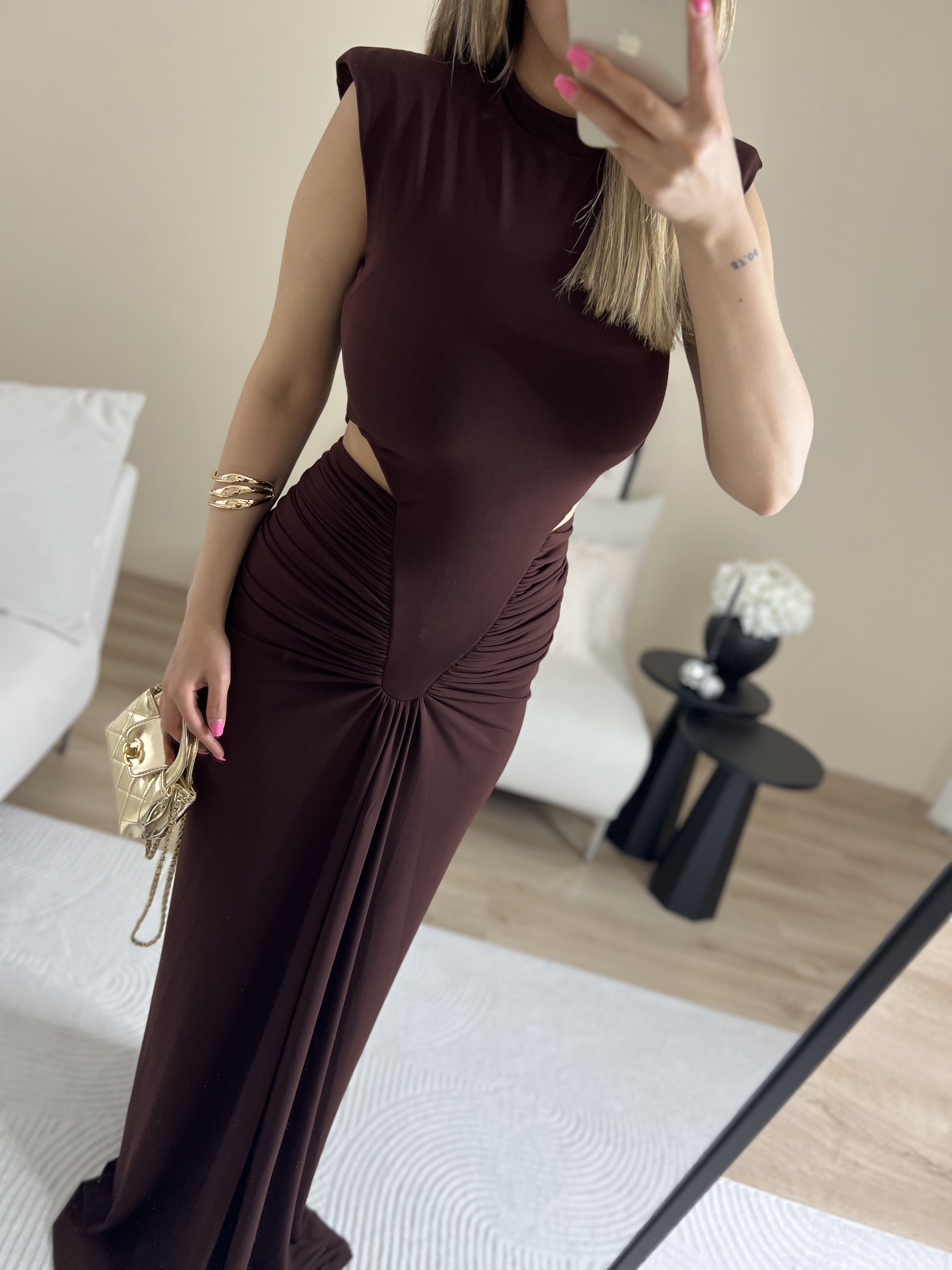 Kahverengi kolsuz Bel Dekolteli Drapeli uzun elbise thumbnail 4