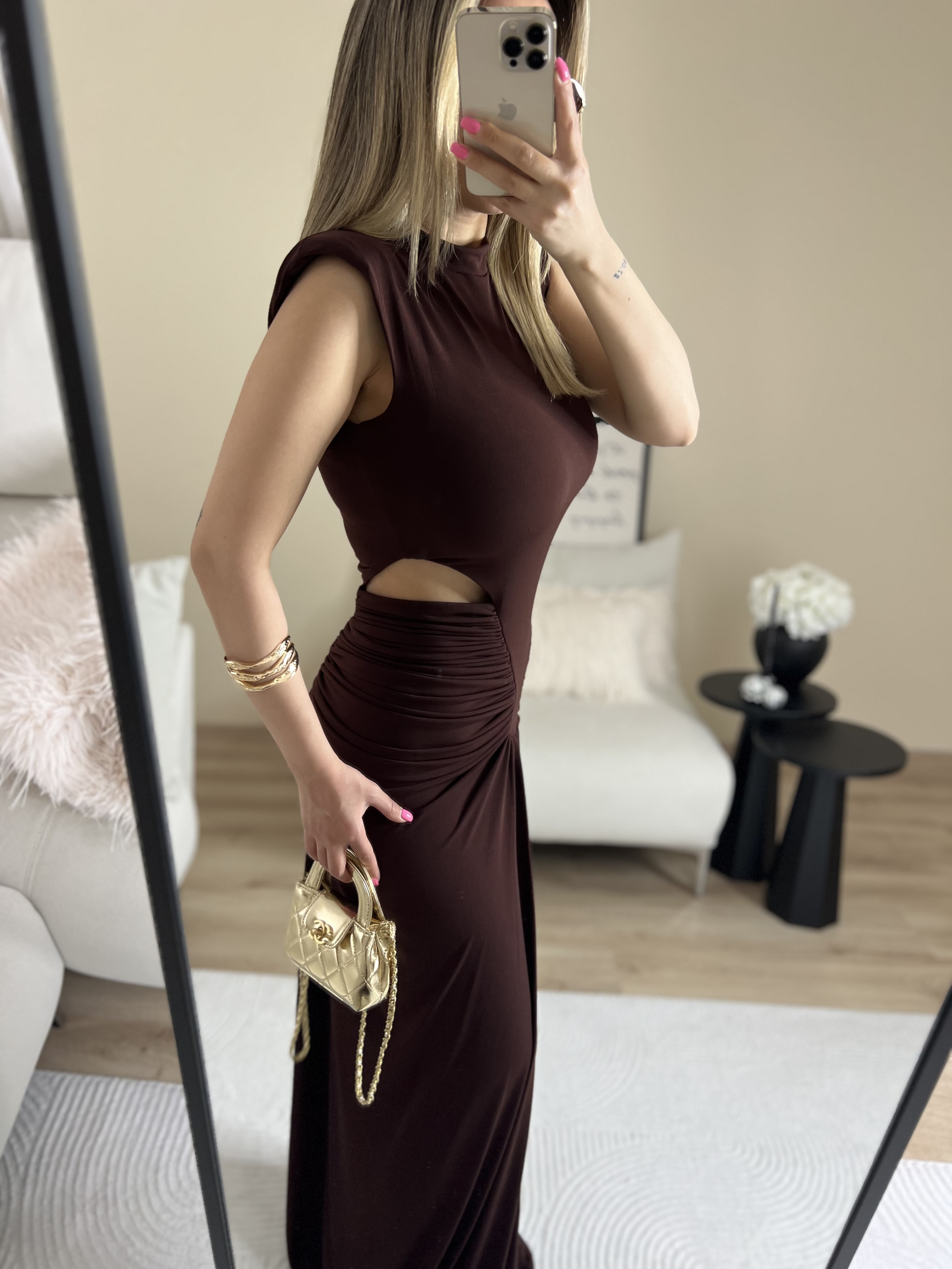 Kahverengi kolsuz Bel Dekolteli Drapeli uzun elbise thumbnail 5