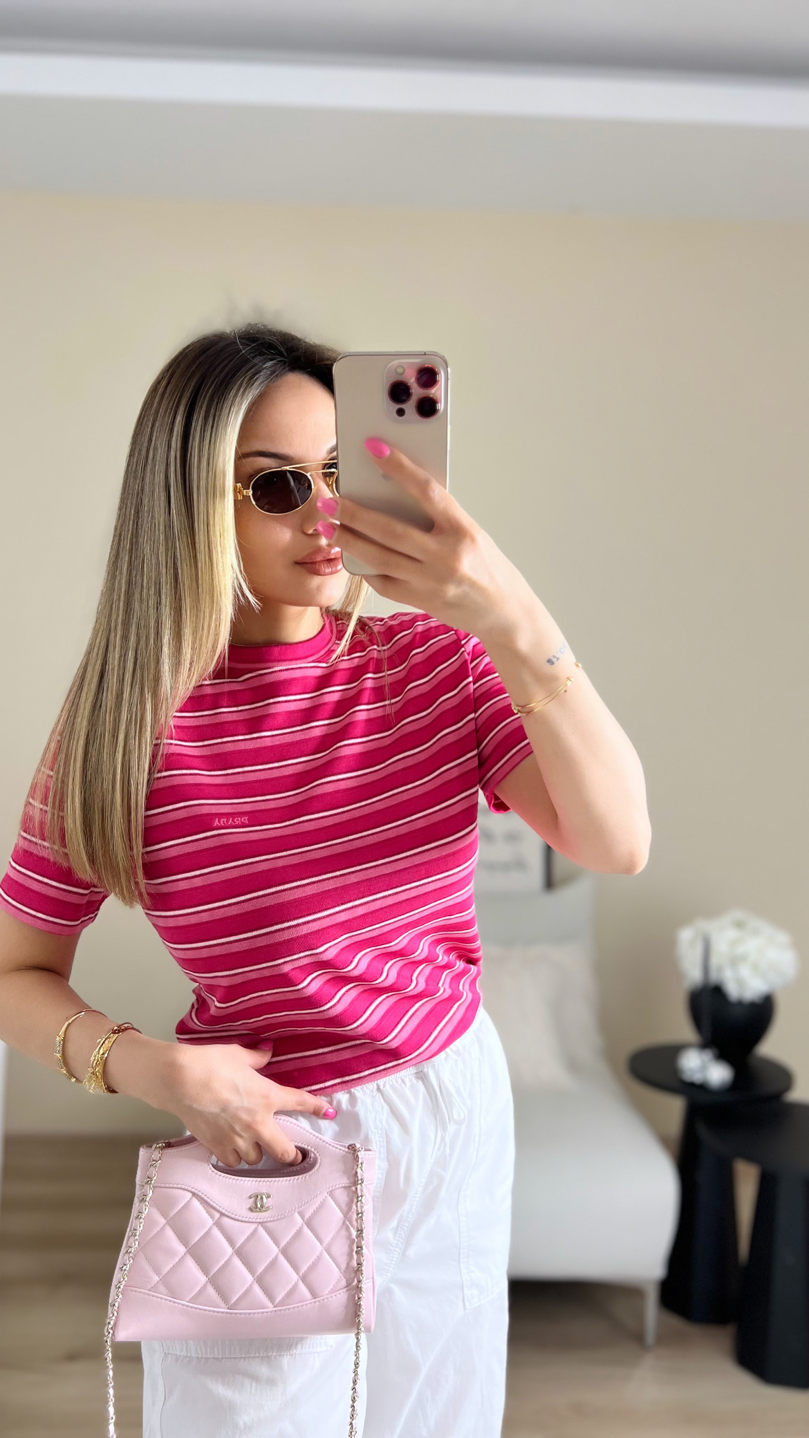 Çizgili premium pembe bluz thumbnail 1