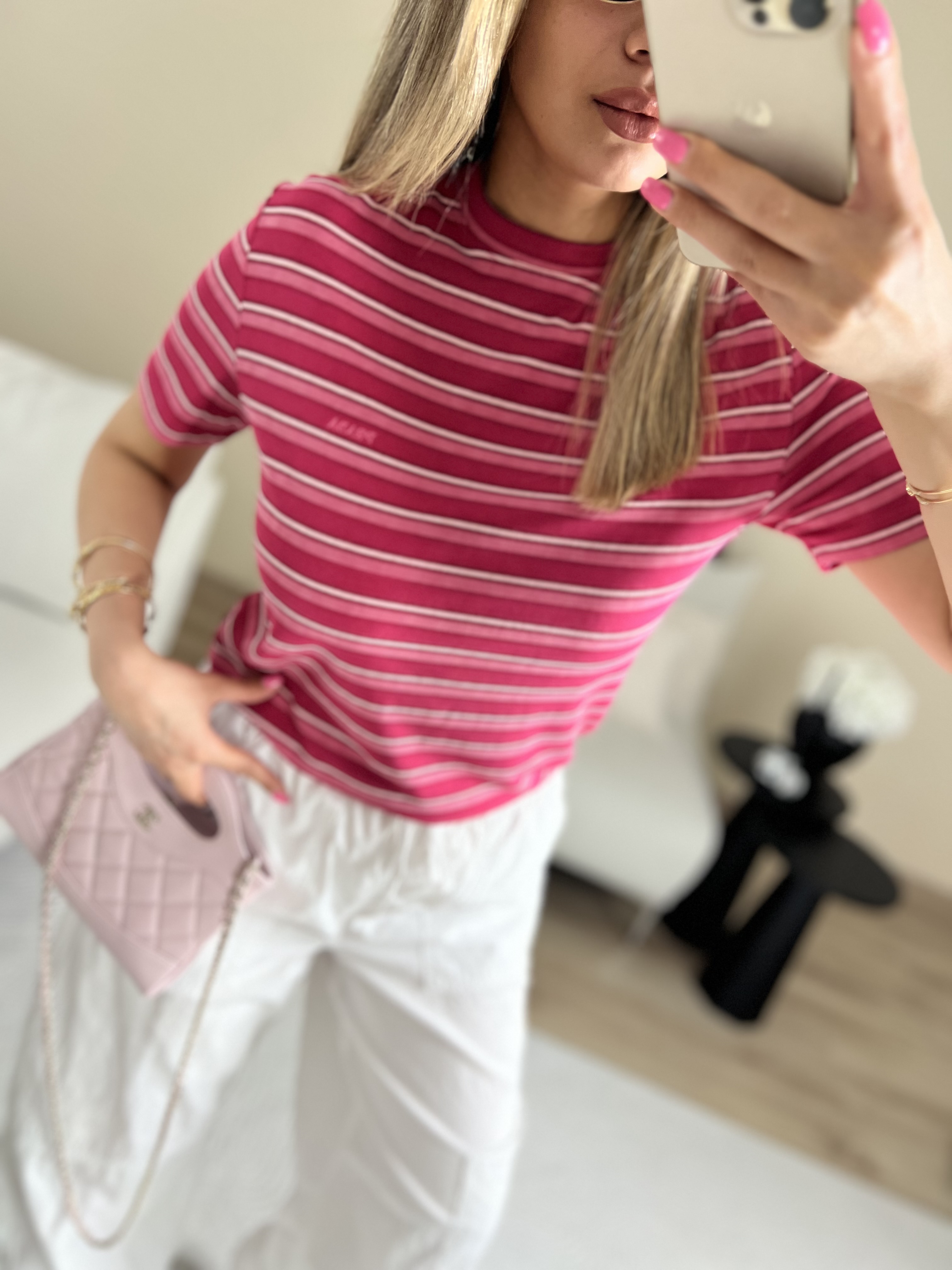 Çizgili premium pembe bluz thumbnail 2