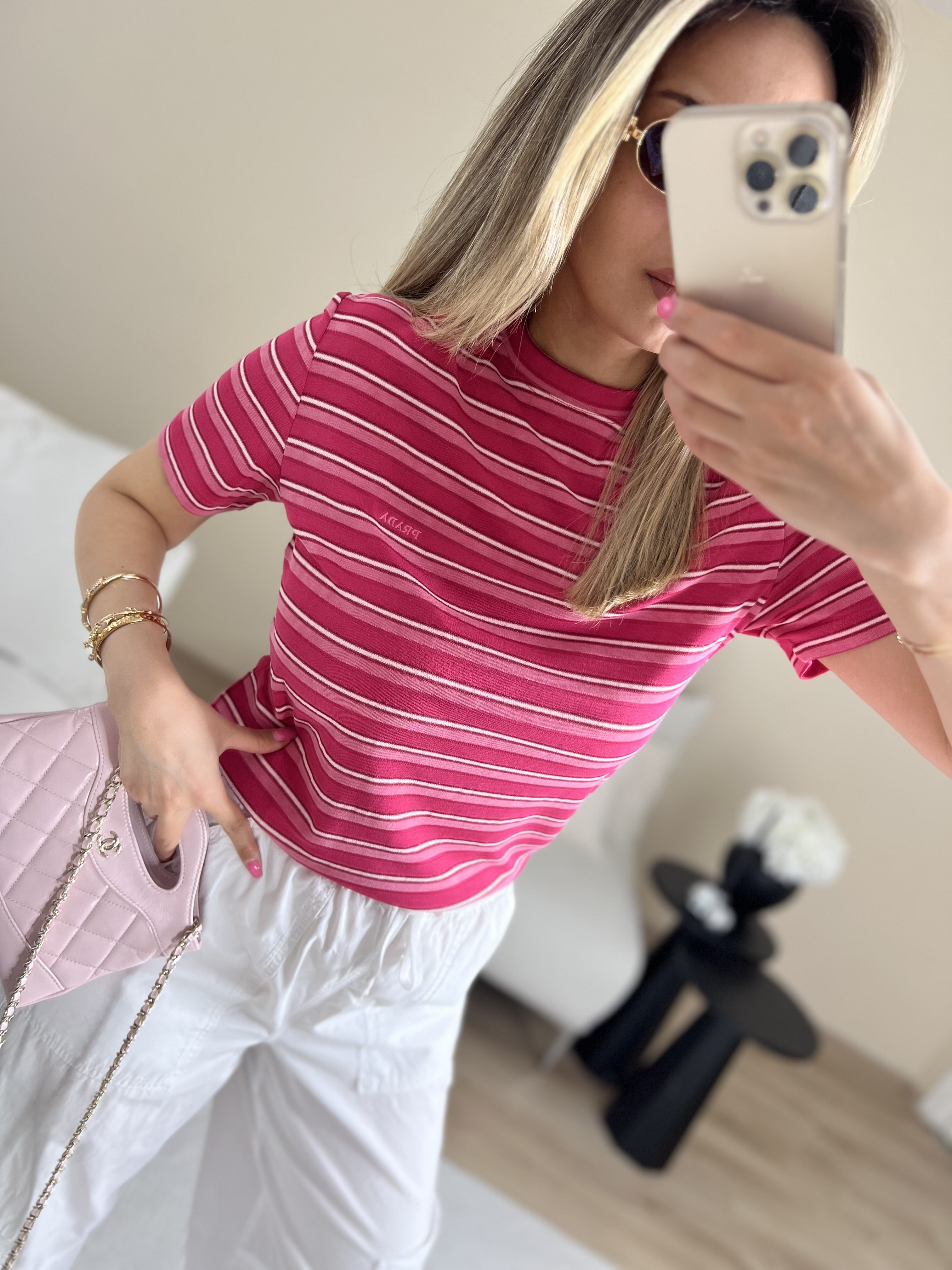 Çizgili premium pembe bluz thumbnail 4